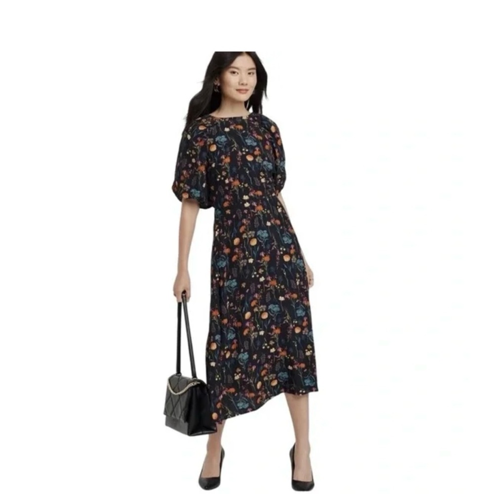 a new day Black Floral Midi Dress with puff sleeves XL